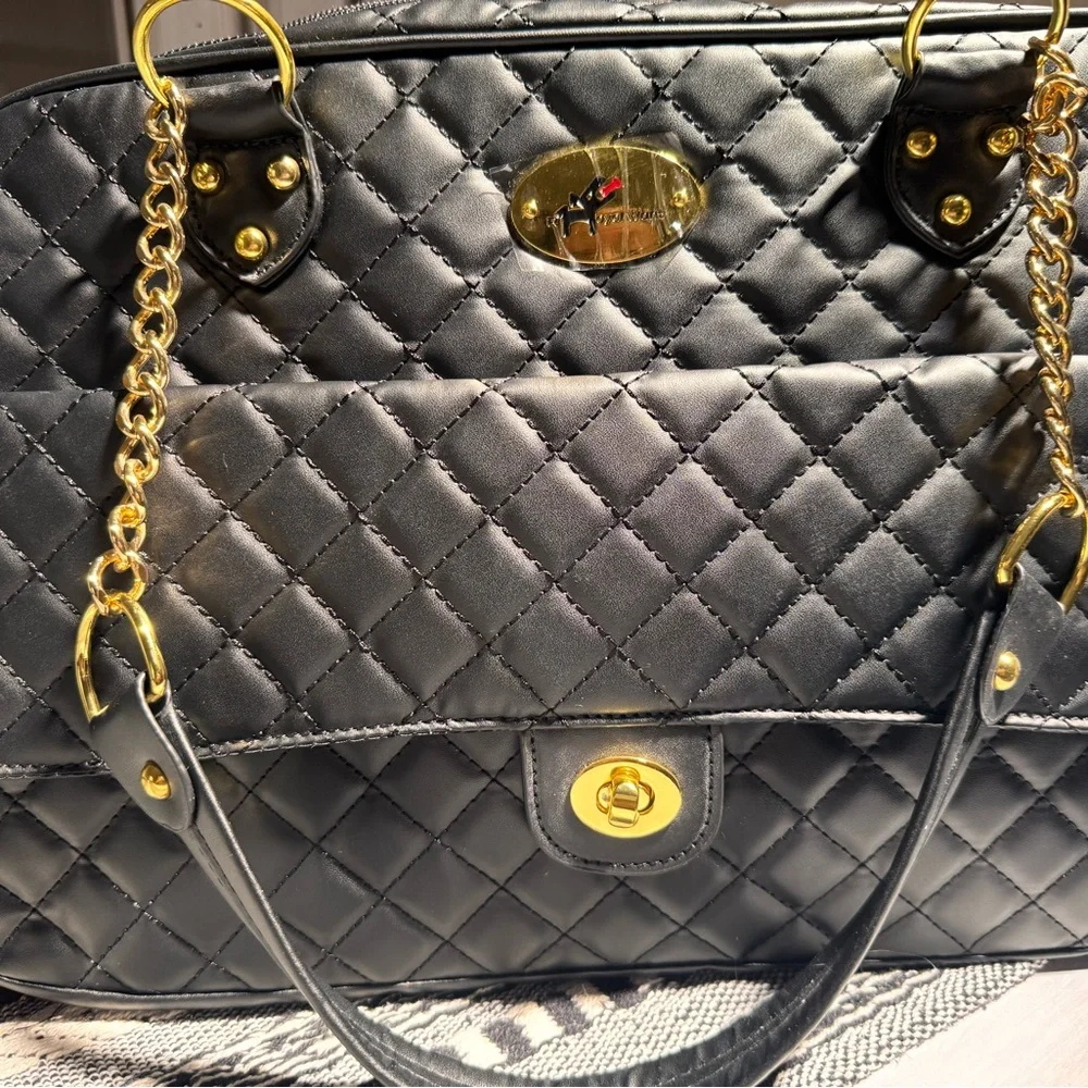 Black Quilted Dog Bag/Carrier with Gold Hardware! New!